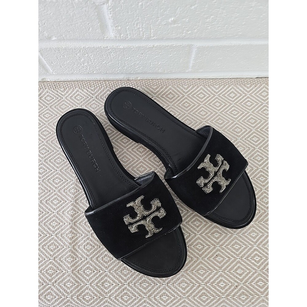 Tory Burch Eleanor Pavé Slide Sandals in Black Suede Crystal Embellished Logos 9 - Picture 4 of 13